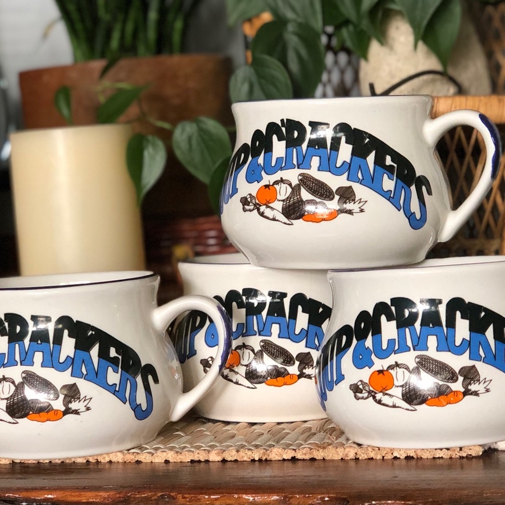 Set of 4 Vintage Ceramic “Soup & Crackers” Soup Mugs